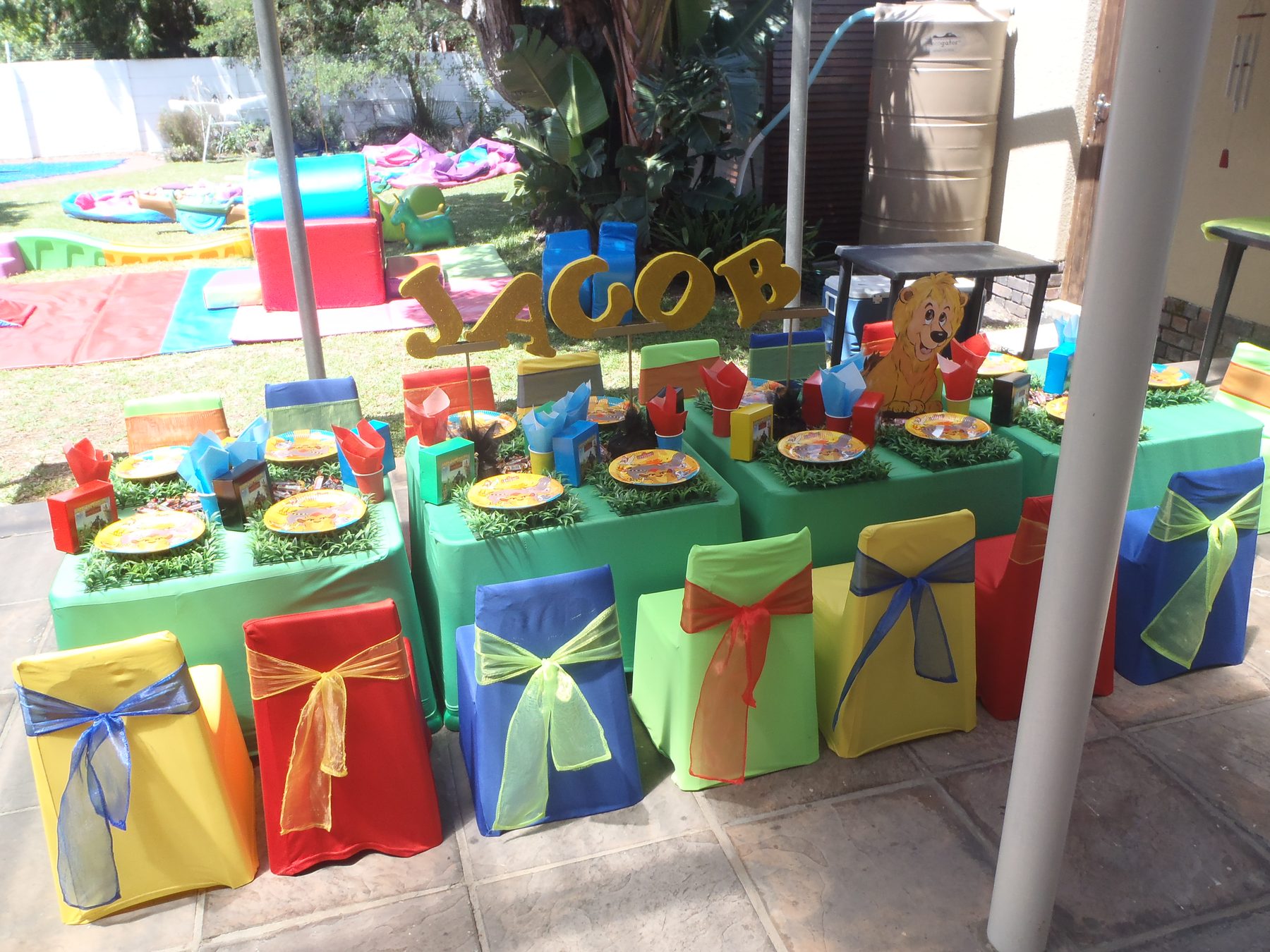 Colourful Paw Patrol style outdoor party setup