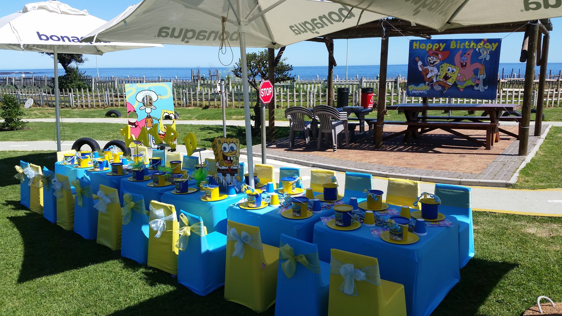 Outdoor blue and yellow unisex party setup