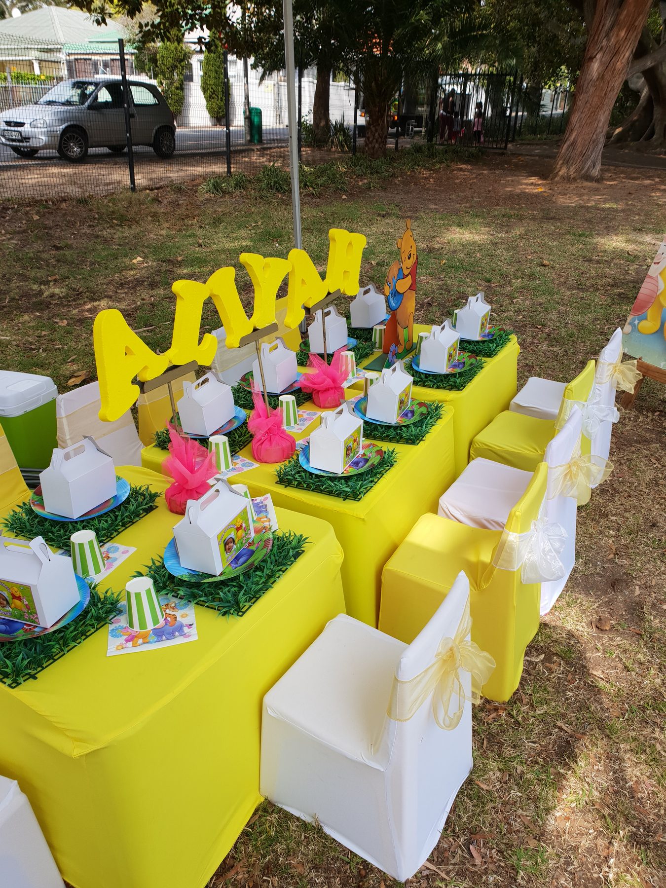Winnie the Pooh style outdoor party table setup