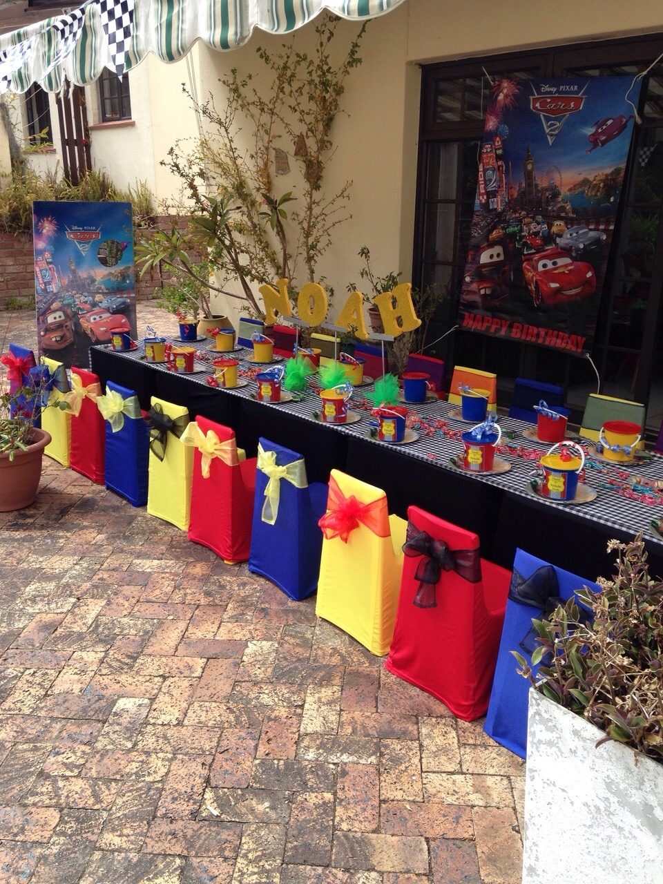 Superhero themed boys party table setup